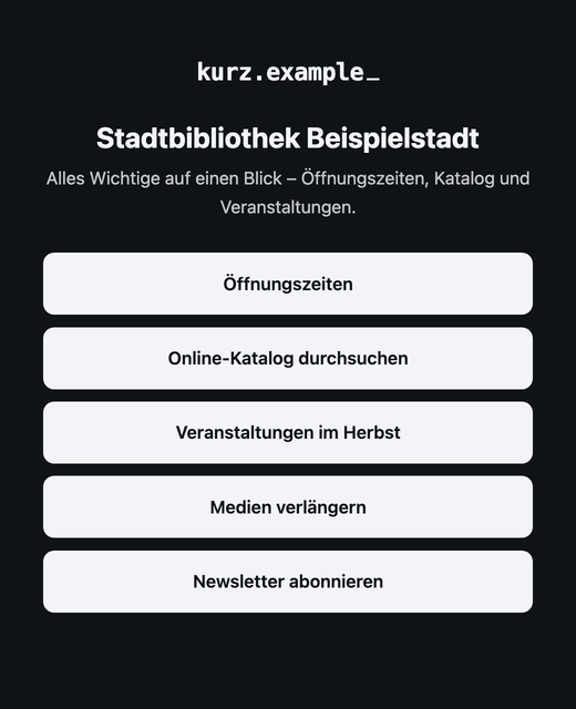 A link-in-bio page on a dark background with five light buttons stacked vertically.