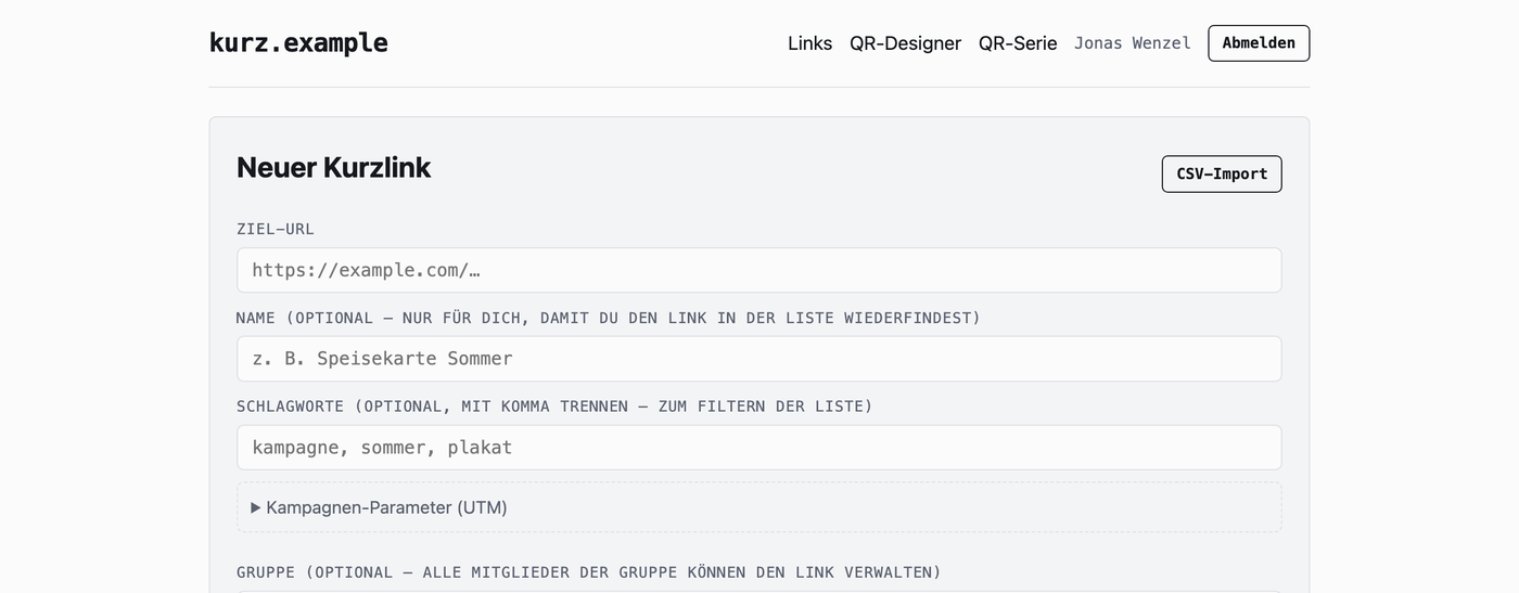The form for a new short link with fields for target address, name, tags and a collapsed section for campaign parameters.
