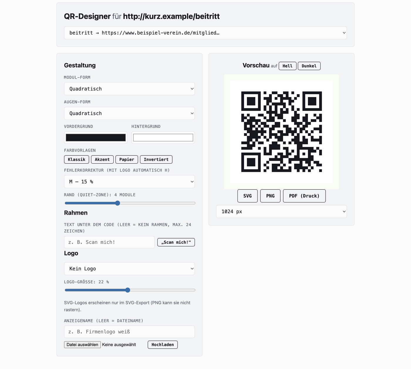 The QR designer with selectors for module and eye shape, colour pickers, frame and logo settings and a live preview of the code.