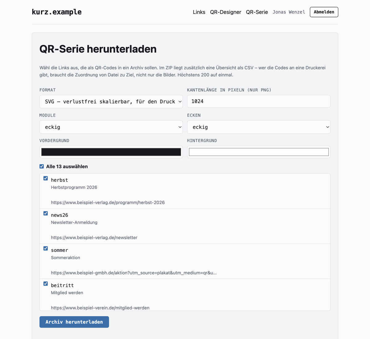 The QR series page: format, colour and shape selection, below it a list of links with checkboxes.